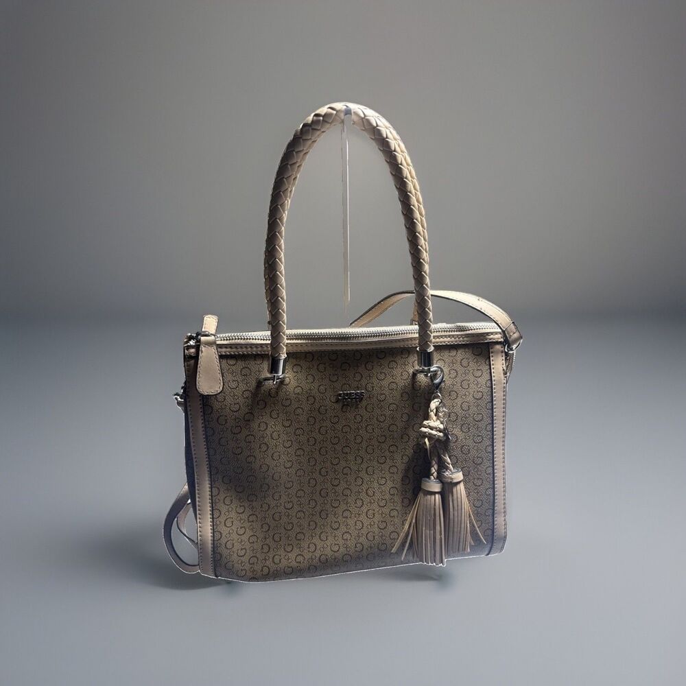 GUESS Brown Logo Medium Satchel Zip Top w/ Detachable Crossbody Strap